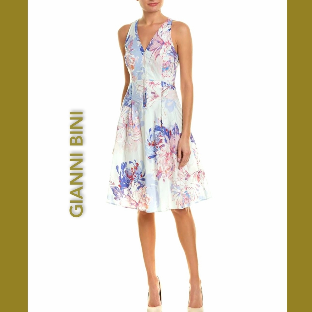 Gianni Bini Floral Midi Dress in White with Blue & Pink